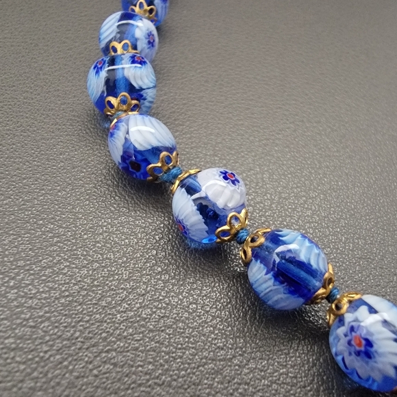 Cobalt Bloom Necklace – Art Glass Beads with Old-World Floral Detail - Picture 3 of 5